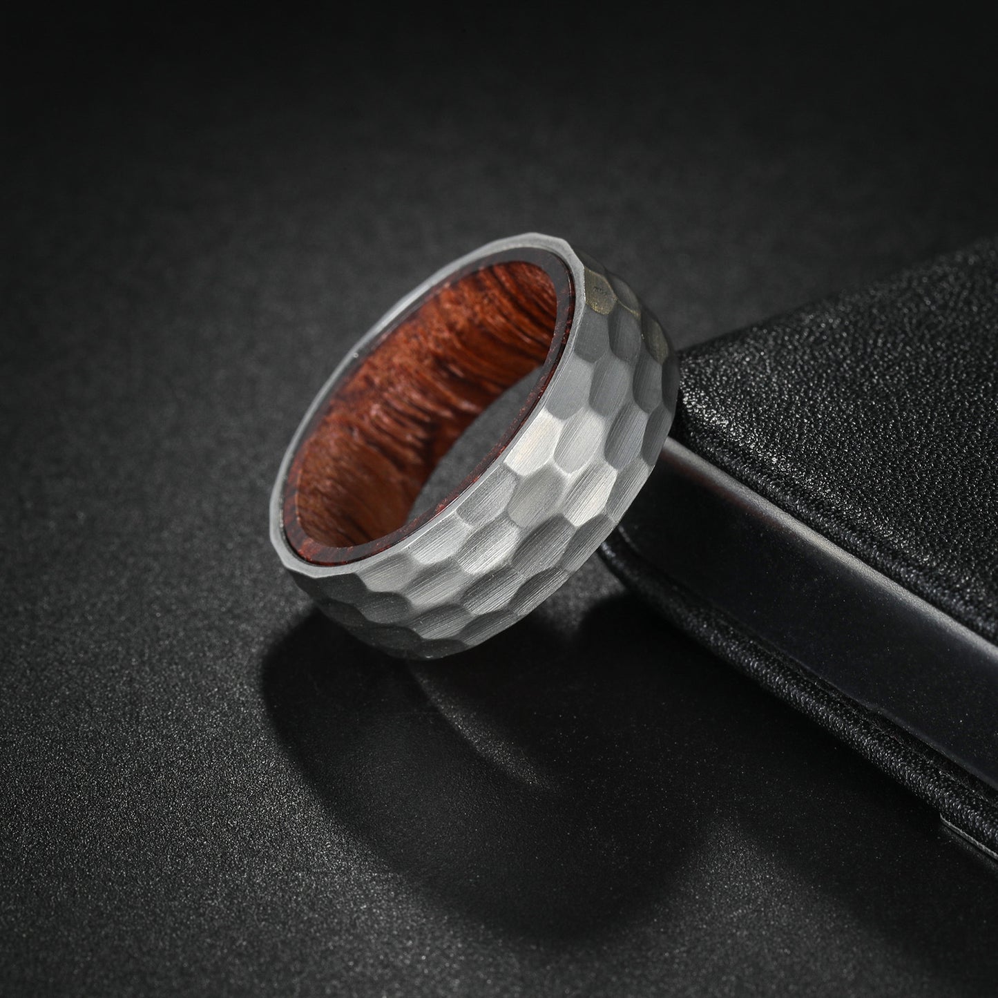 Planderful Everyday Genie Titanium Steel Ring With Pear Wood Inlay 8mm Beating Pattern Unisex For Men