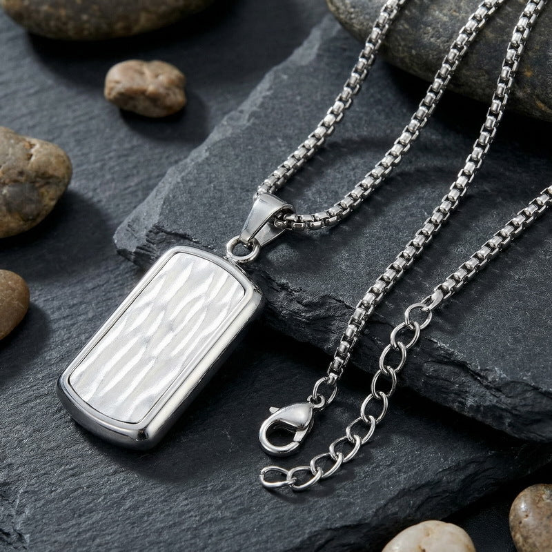 Military Brand Square Pearl Chain Necklace, And Wave Pattern Square Brand Stainless Steel
