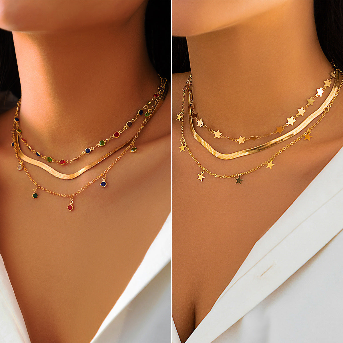 Spicy Girl Crystal Star Choker Necklace with Snake Bone Chain