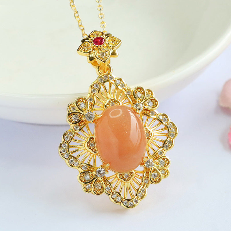 Orange Moonstone Openwork Leaf Pendant — No Chain