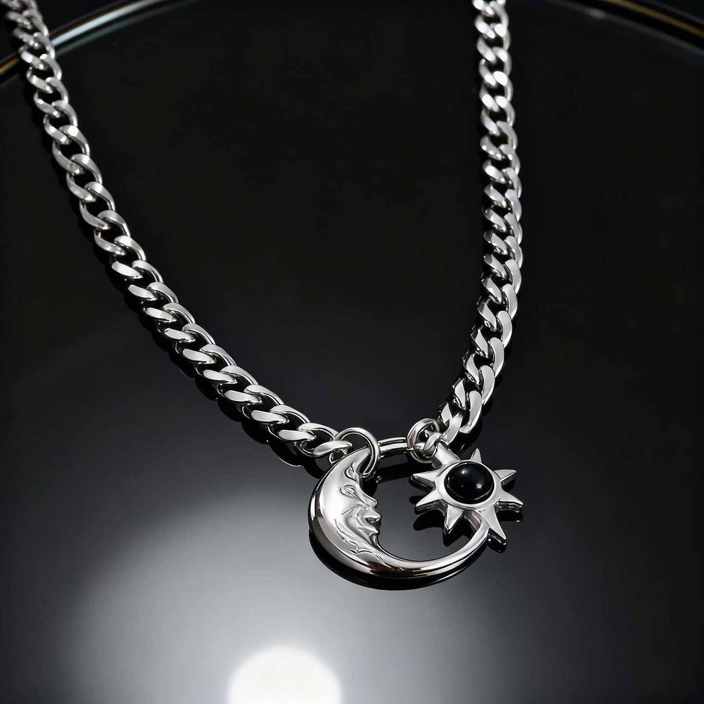 Stainless Steel Six-Sided Grinding Chain Star & Moon Necklace Sun Star Moon Opal