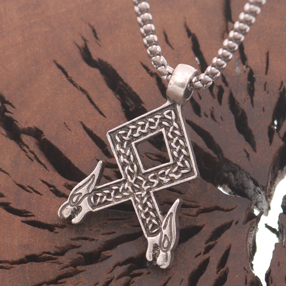Nordic Wolf Head Rune Necklace with Titanium Steel Box Chain for Men