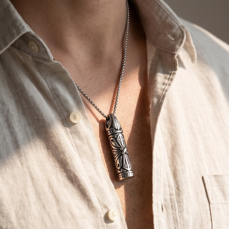 Punk Stainless Steel Textured Bullet Pendant Knot Necklace Retro Old Totem Men's Pendant
