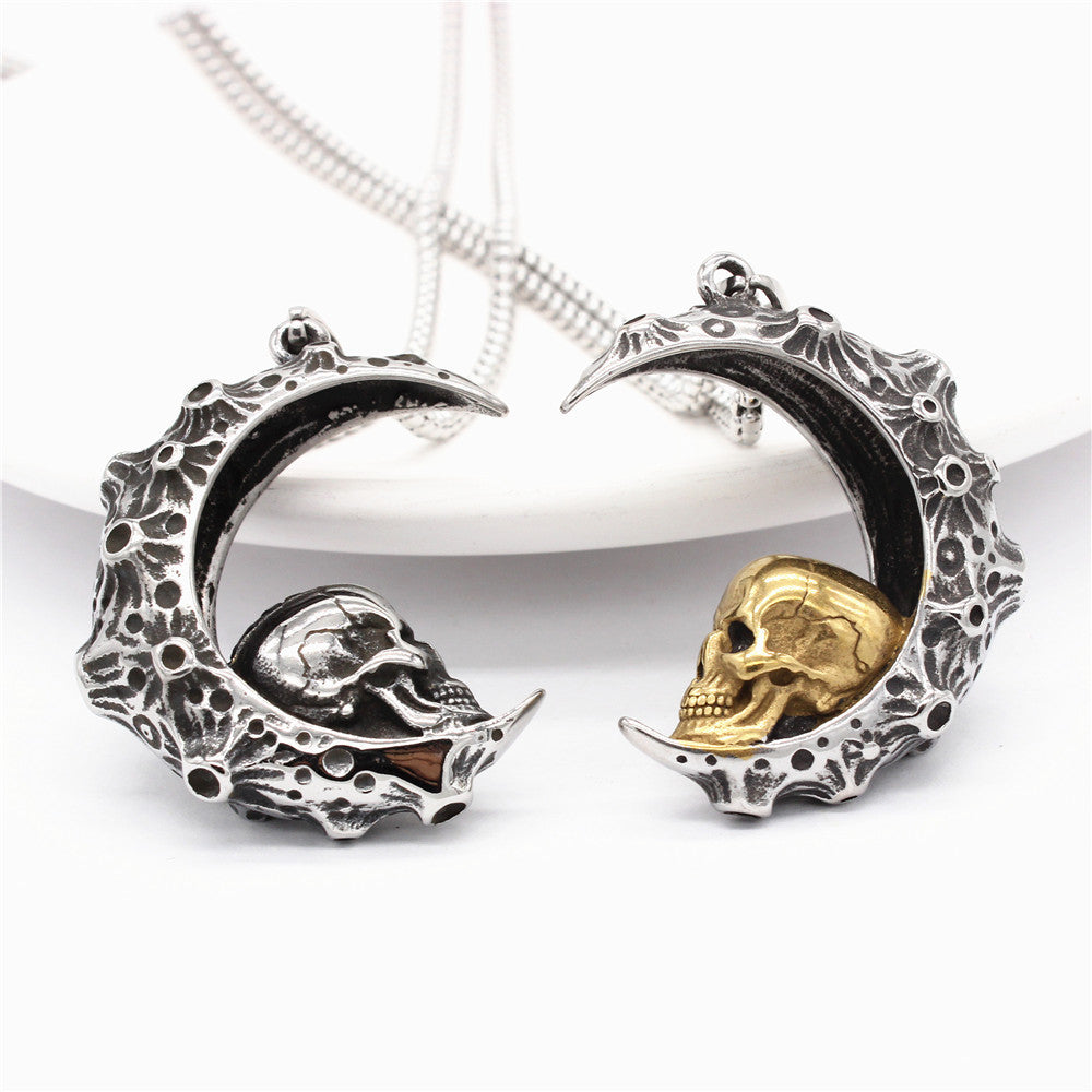 Crescent Skull Titanium Steel Pendant Necklace