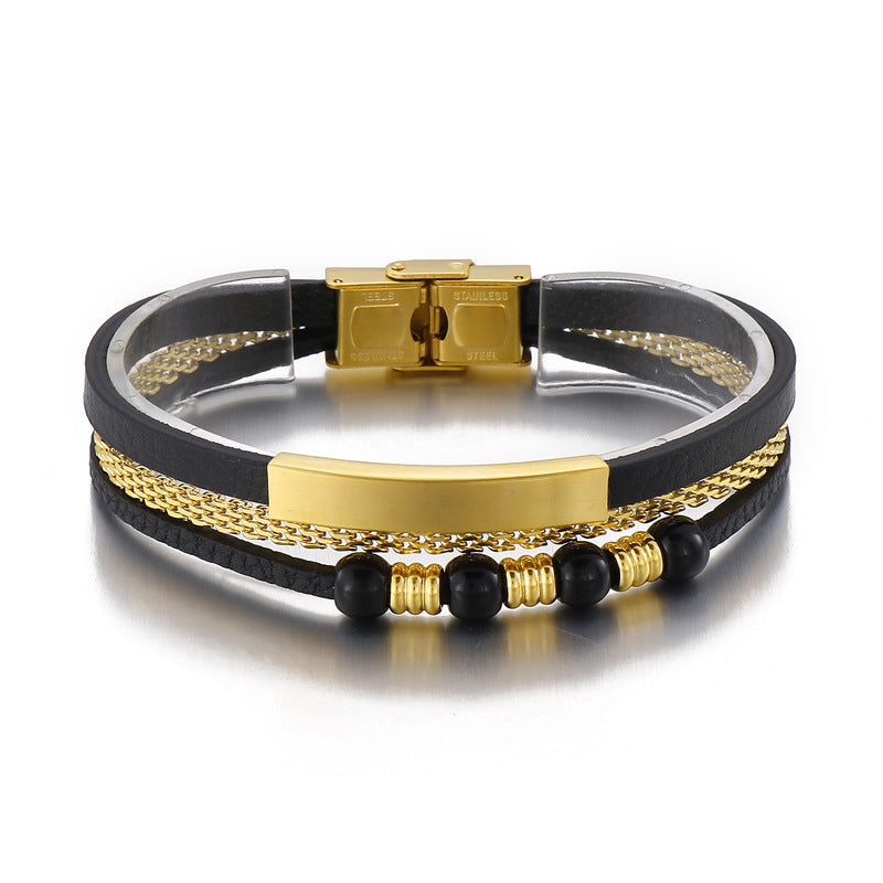 Planderful Mens Stainless Steel Leather Rope Bracelet Bold