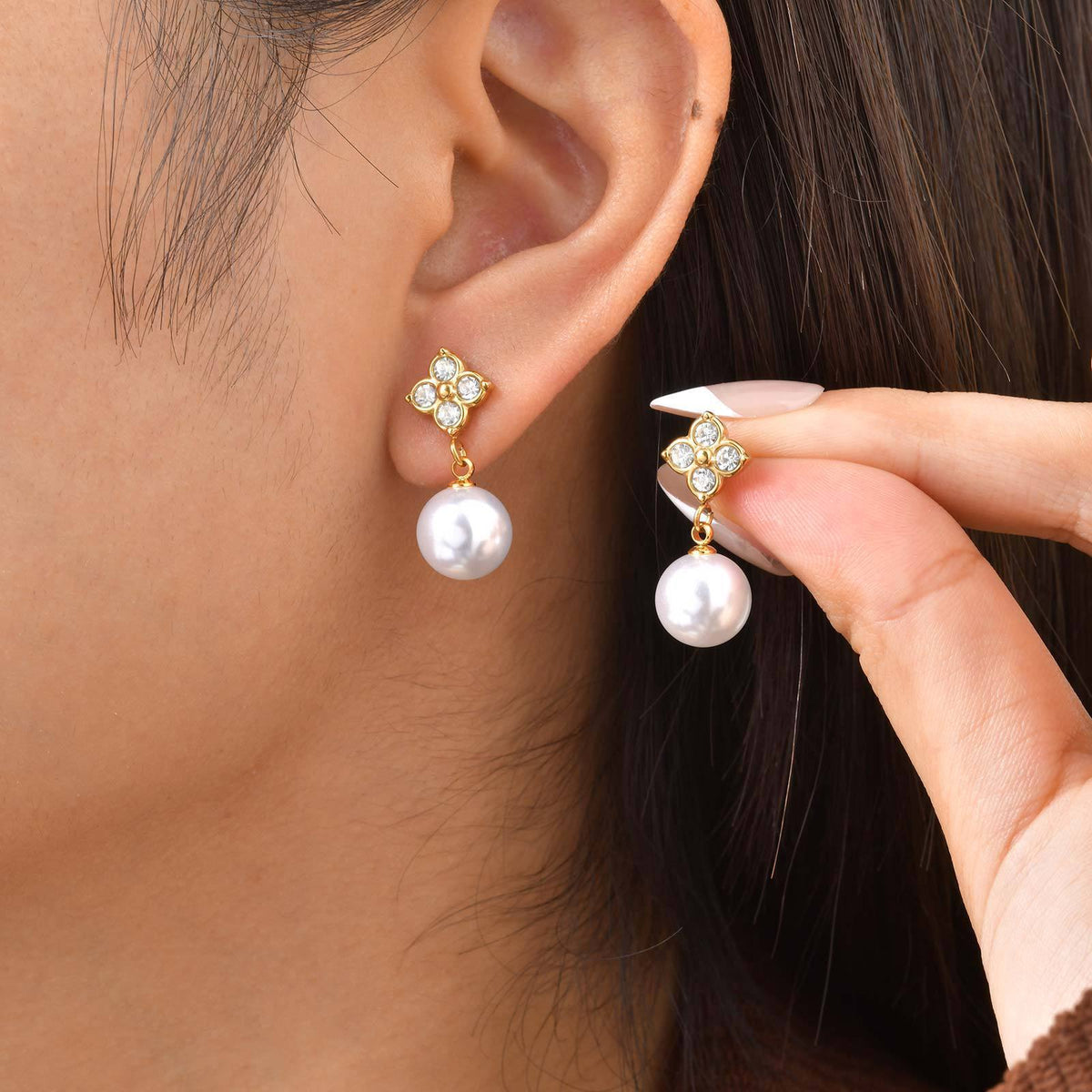 Stainless Steel Four-Leaf Clover Pearl Earrings Women's Necklace