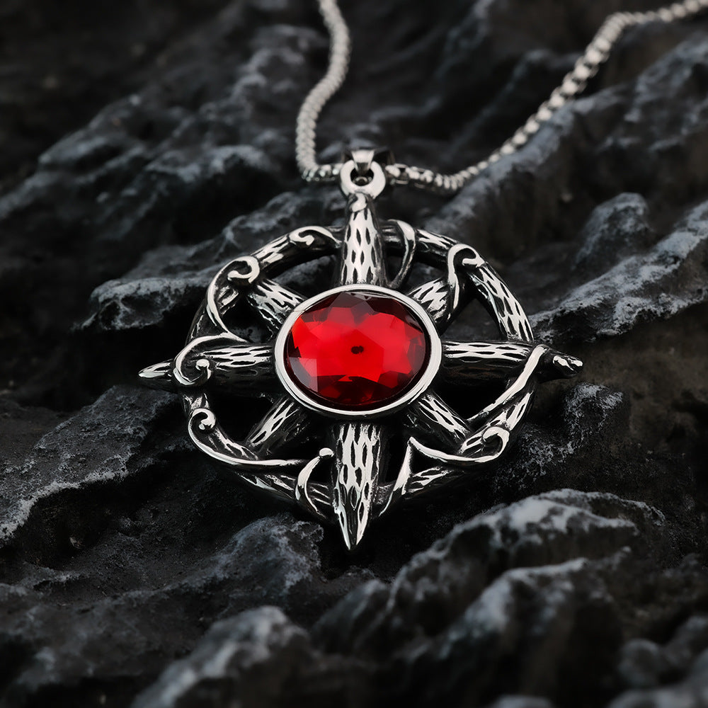 Retro Stainless Steel Men's Pendant Cross with Red Stone