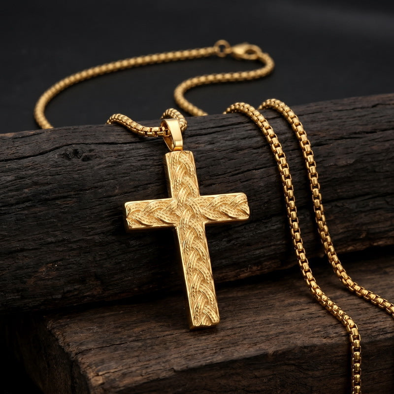 Hip Hop Stainless Steel Round Bead Chain Necklace Simple Twist Cross Pendant Square