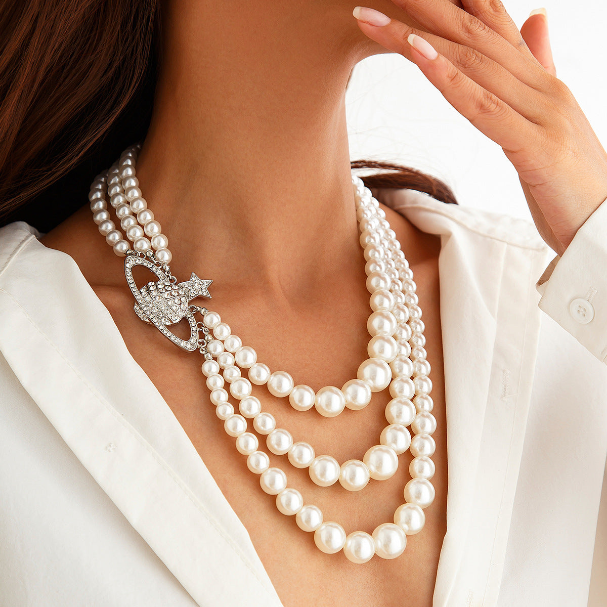 Pearl Planet & Star Fringe Layered Necklace