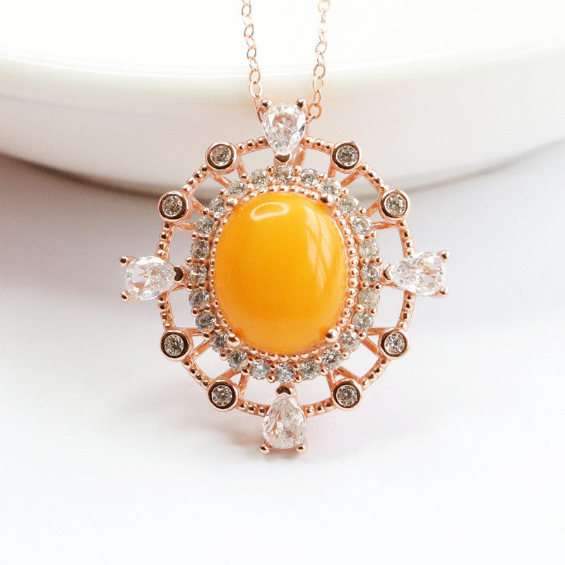Hollow Rose Gold Necklace with Beeswax Amber Pendant and Zircon Detail on Sterling Silver Chain