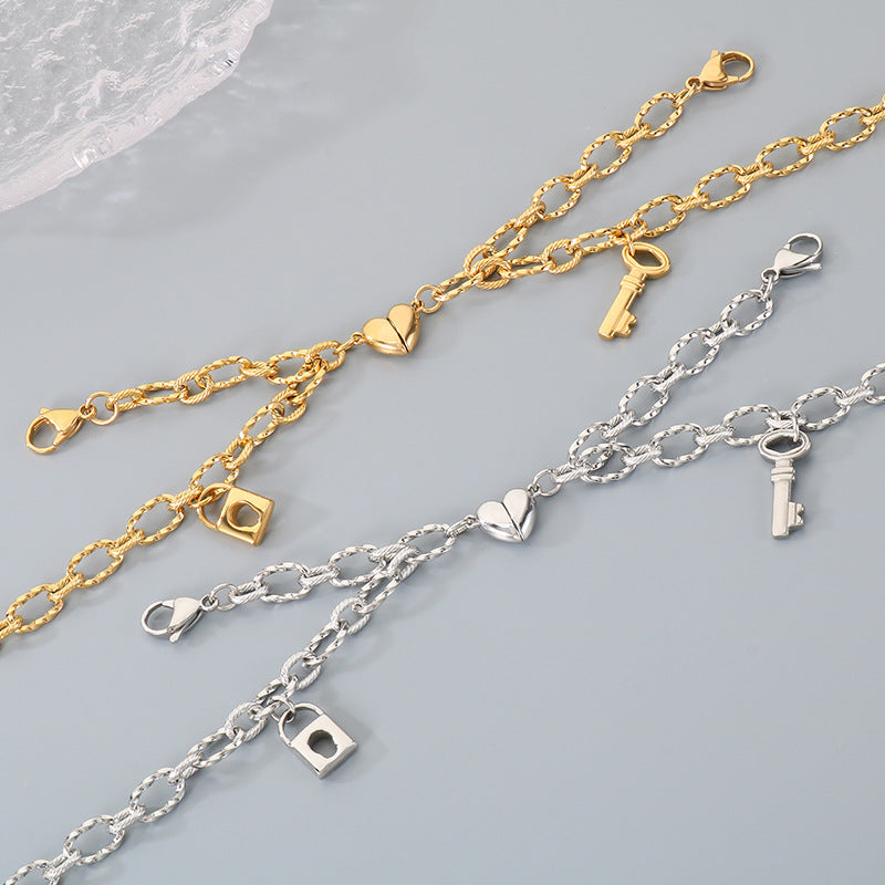 Key Love Magnet Titanium Steel Bracelet – Design Heart Lock Couple