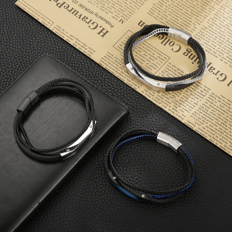 Planderful Mens Leather Bracelet MultiLayer Magnetic Buckle