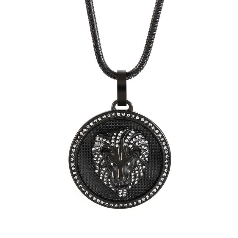 Rock Hip Hop Round Pendant, Retro Electroplated 18k Gold Slightly Inlaid Zircon Lion Necklace