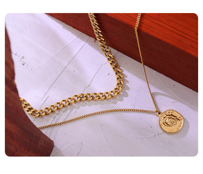 Gold-Plated Double-Layer Portrait Necklace with Trendy Design for Women