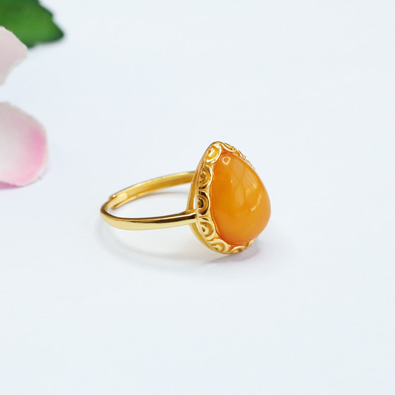 Silver Water Drop Amber Ring