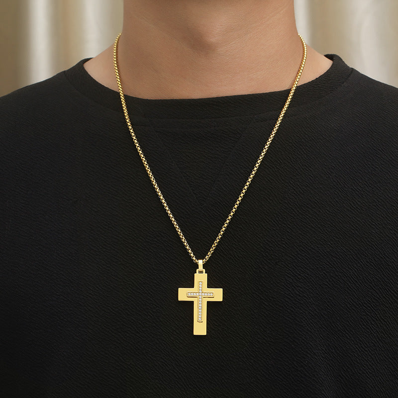 Popular, Cnc Zircon Double-Layer Cross Square Pearl Men's Stainless Steel Necklace