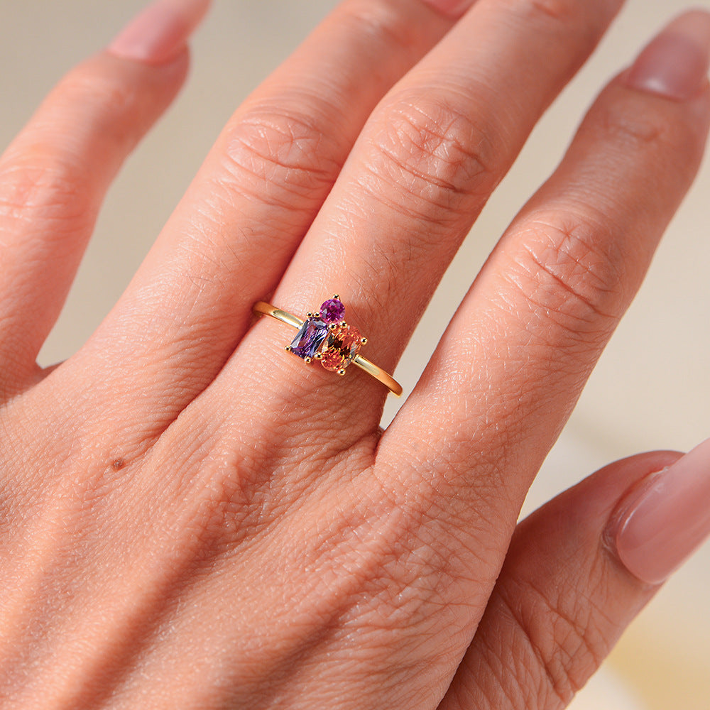 S925 Silver Geometric Rectangular Oval Colored Zircon Ring Wind Colored Treasure Ring