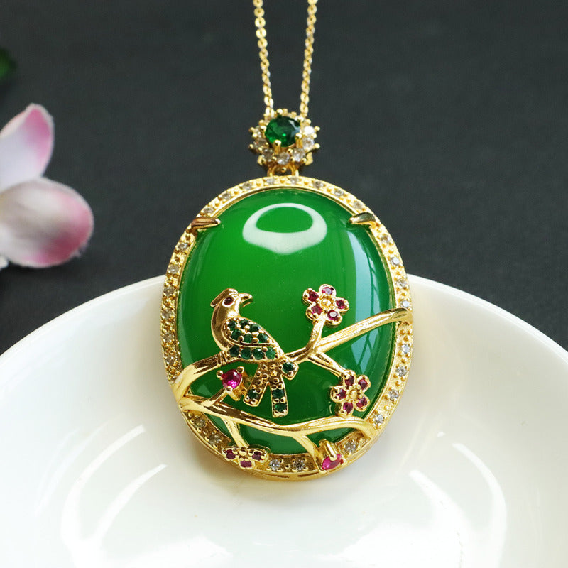 Golden Necklace with Oval Green Chalcedony and Zircon Happy Magpie Pendant