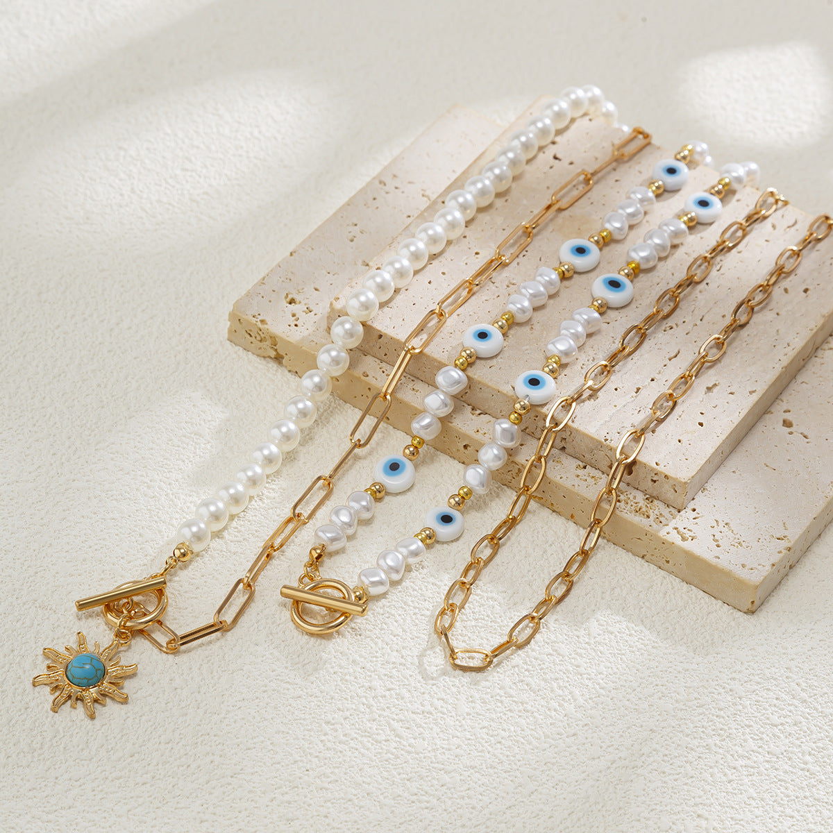 Court Retro Devil'S Eye Necklace Sun Pendant Irregular Pearl Multi-Layer Stacked Necklace