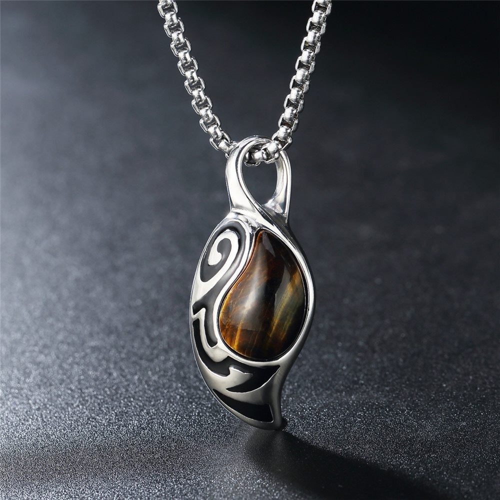 Planderful Tiger Eye Titanium Steel Mens Necklace Fade Resistant Pendant Durable European Style Jewelry