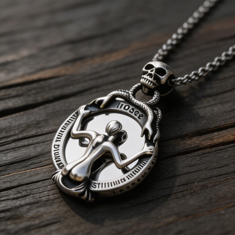 Dark Retro Old Dragonfly Snake Woman Fallen Angel Stainless Steel Men's Pendant Necklace
