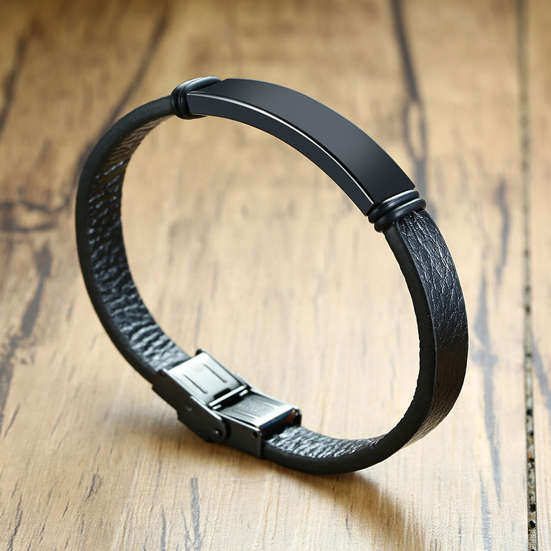 Stainless Steel Black Curved Leather Bracelet Men's Trendy Accessories Jewelry Wholesale Personalized for Men