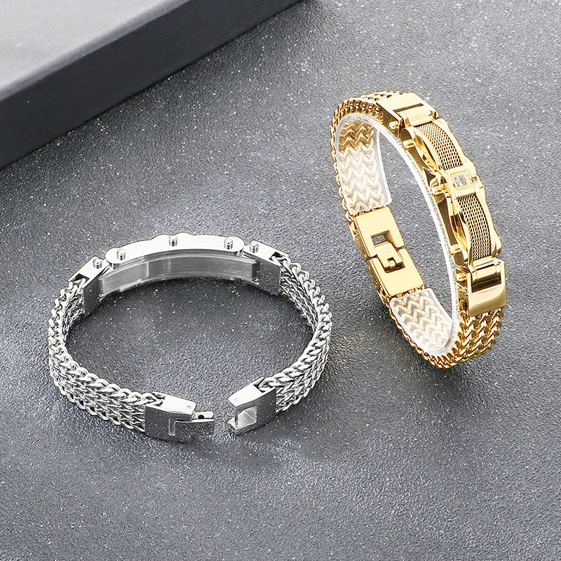 Buckle Front & Back Chain – Hip-Hop Zircon Weiya Line Mesh Curved Bar Stainless Bracelet