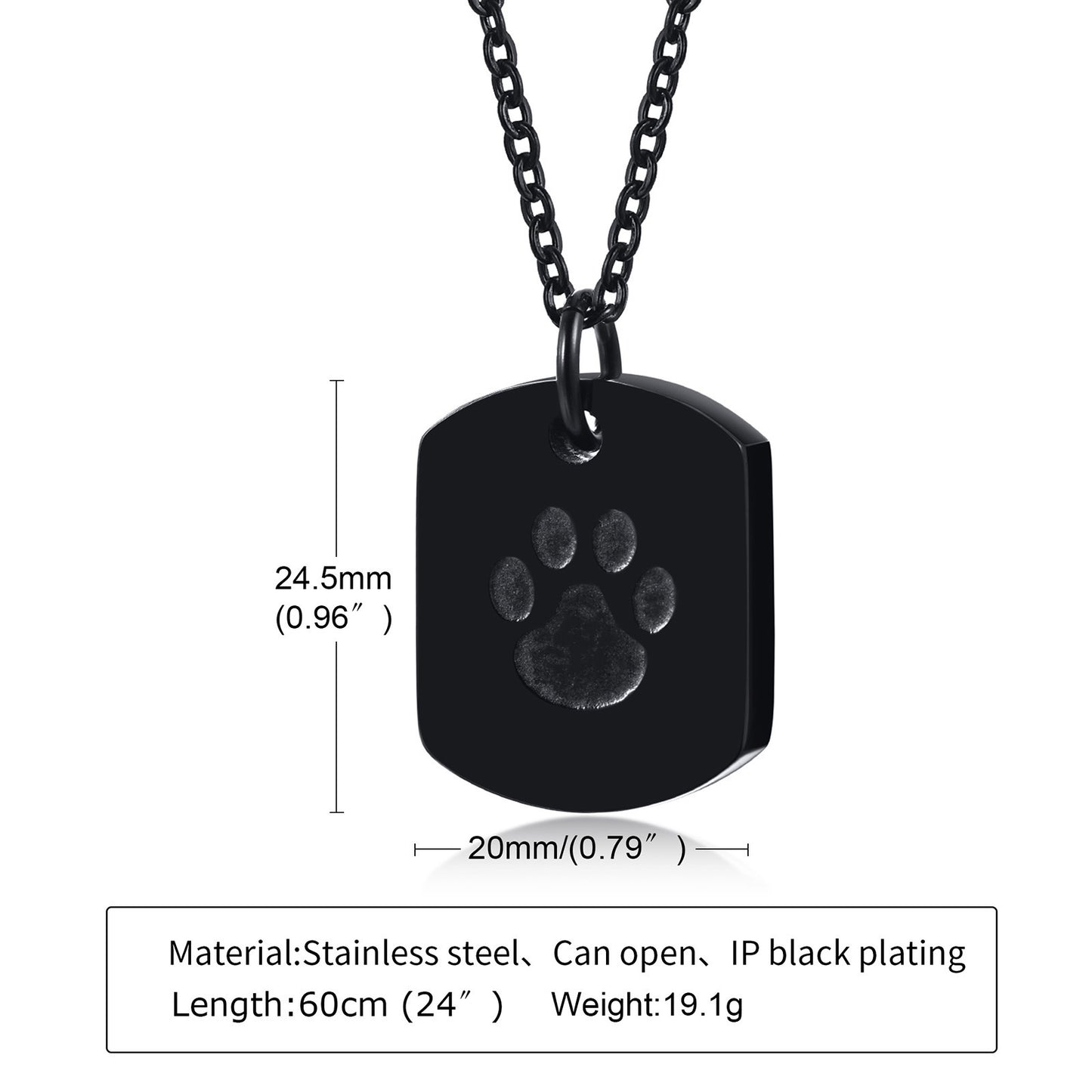 Stainless Steel Dog Paw Urn Openable Pendant Black Necklace