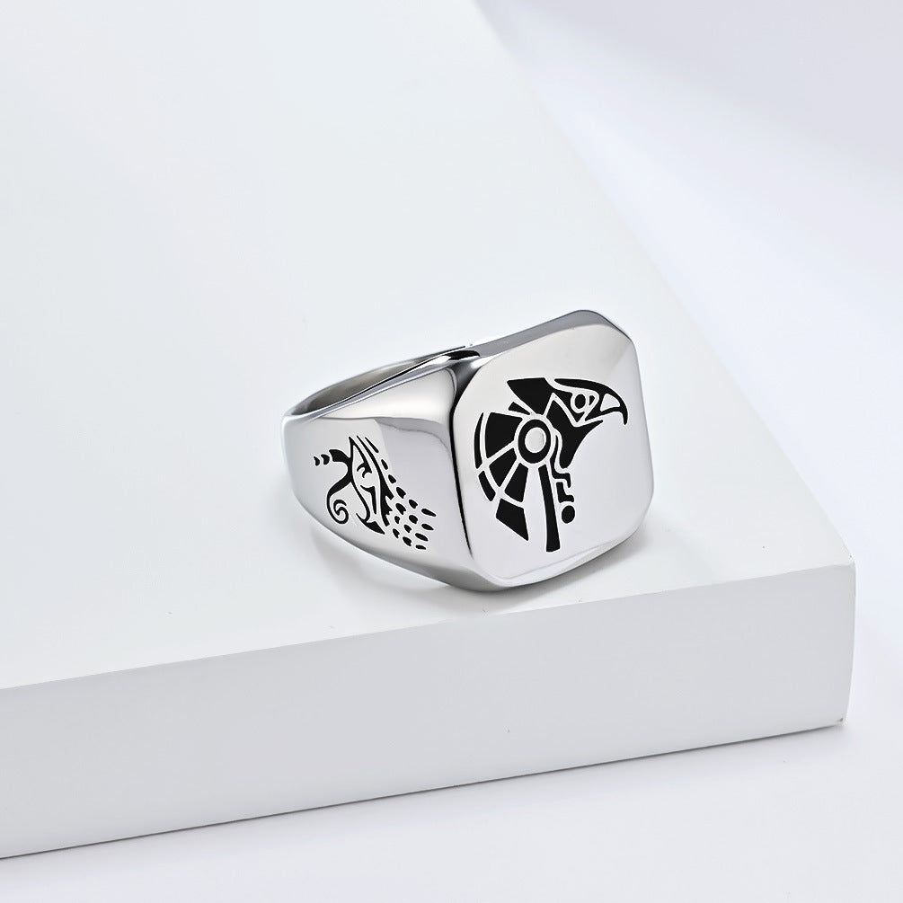 Planderful Horus Sky God Ring For Men Titanium Steel Egyptian Pharaoh Jewelry With Iconic Bold Design
