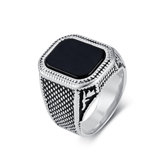 Stainless Steel Black Gemstone Ring Men's