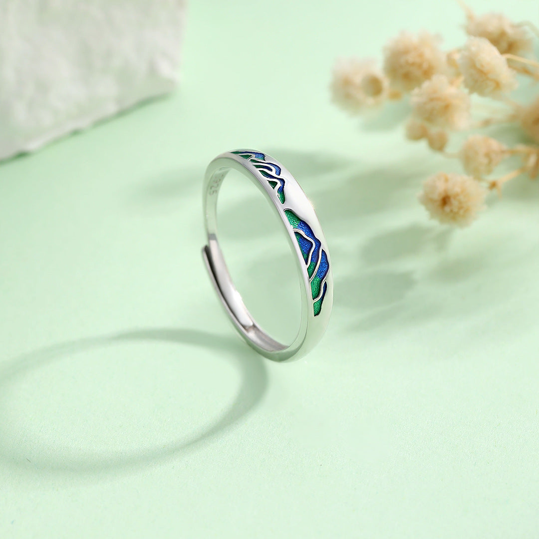 Planderful S925 Sterling Silver Ring For Women Adjustable Retro National Style Light Luxury Green Mountain Theme