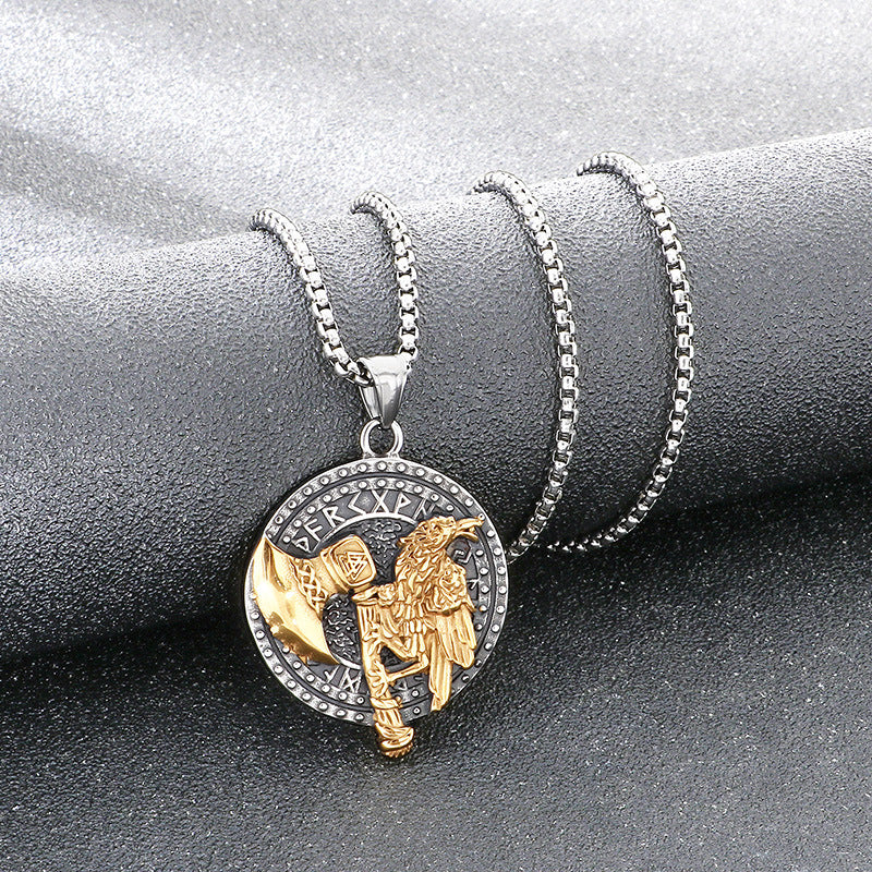 Nordic Viking Mythology Tomahawk Raven Totem, Retro Double Wolf And Crow Titanium Necklace