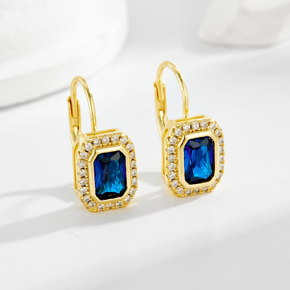 Planderful S925 Sterling Silver Zircon Earrings Blue Rectangle Pendant Retro French Style For Fashion Lovers