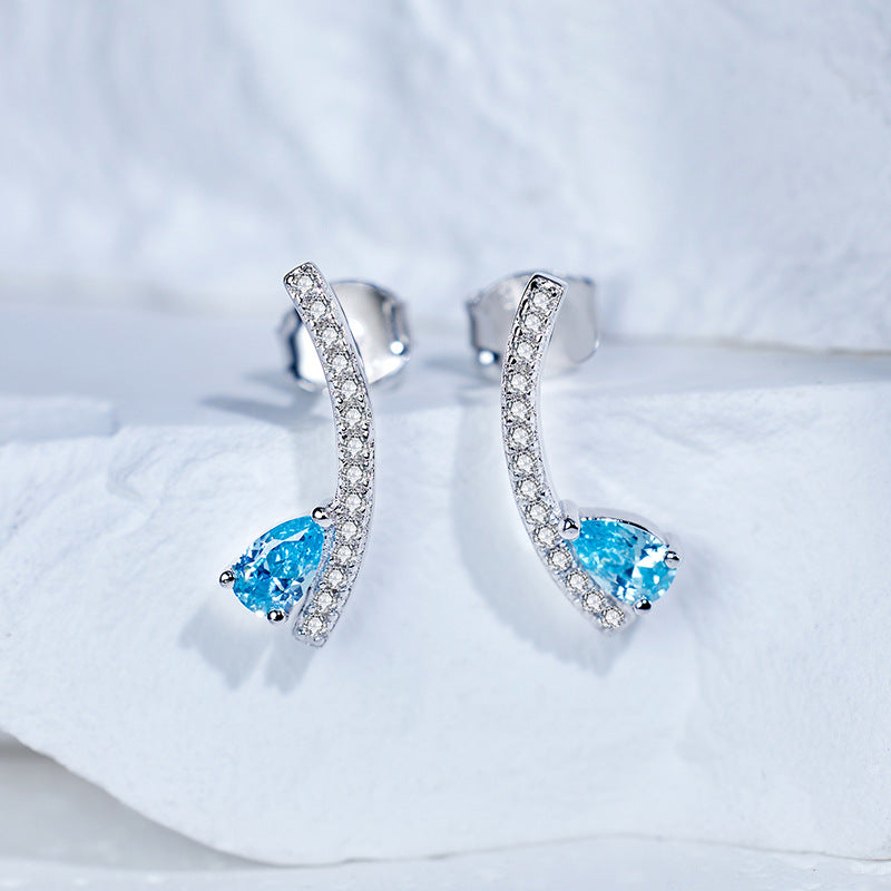 Sea Blue Pear Shape Zircon Arc Shape Sterling Silver Stud Earrings