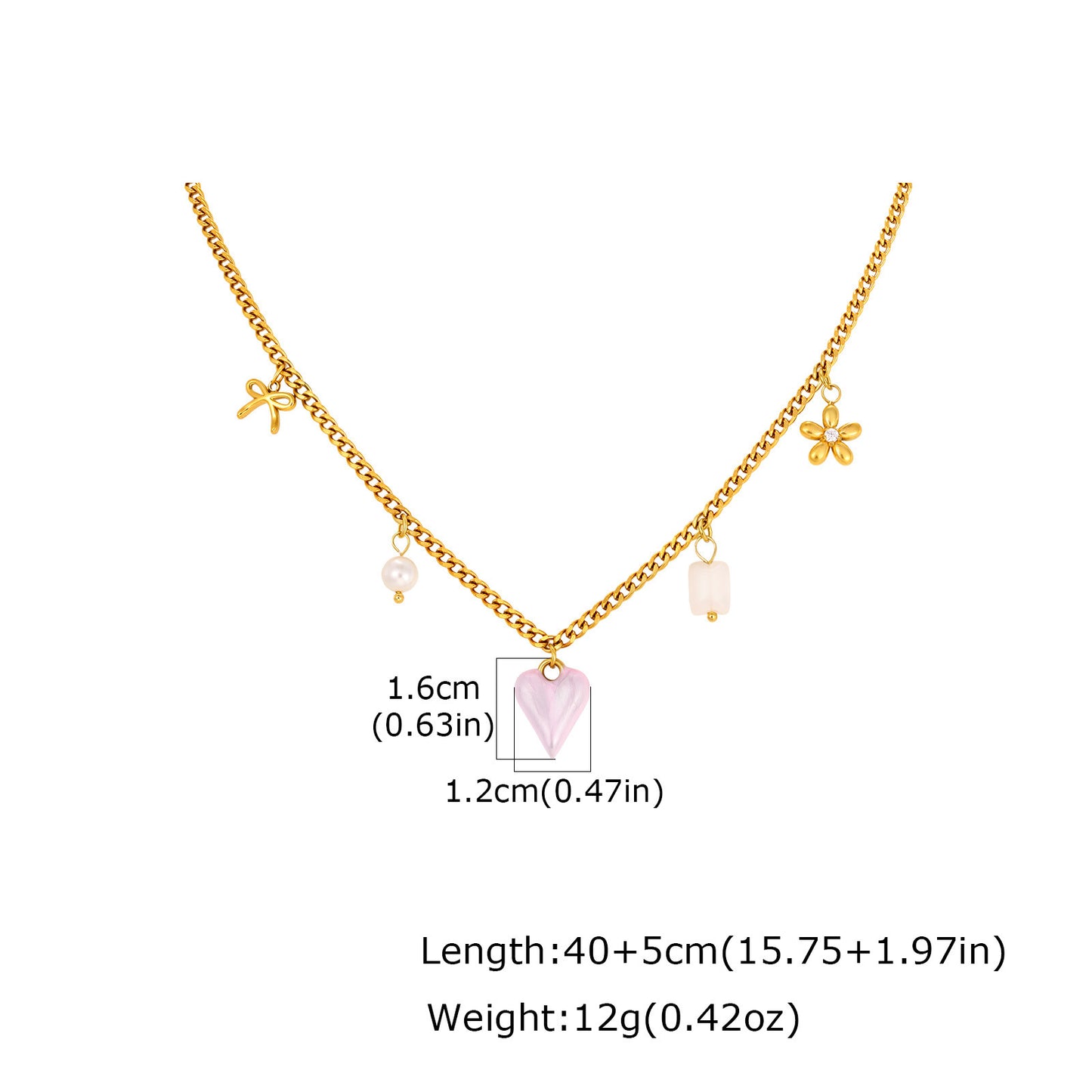 Stainless Steel Women's Heart-Shaped Imitation Pearl White Jade Natural Stone Bow Flower Necklace