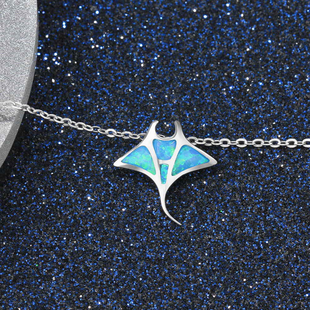 Planderful Jewelry Blue Opal Necklace in Sterling Silver S925 Ocean Devil Fish Pendant