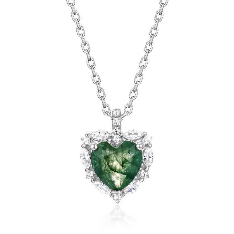 Planderful Jewelry Sterling Silver Necklace With Green Moss Agate Pendant And Zircon Accents