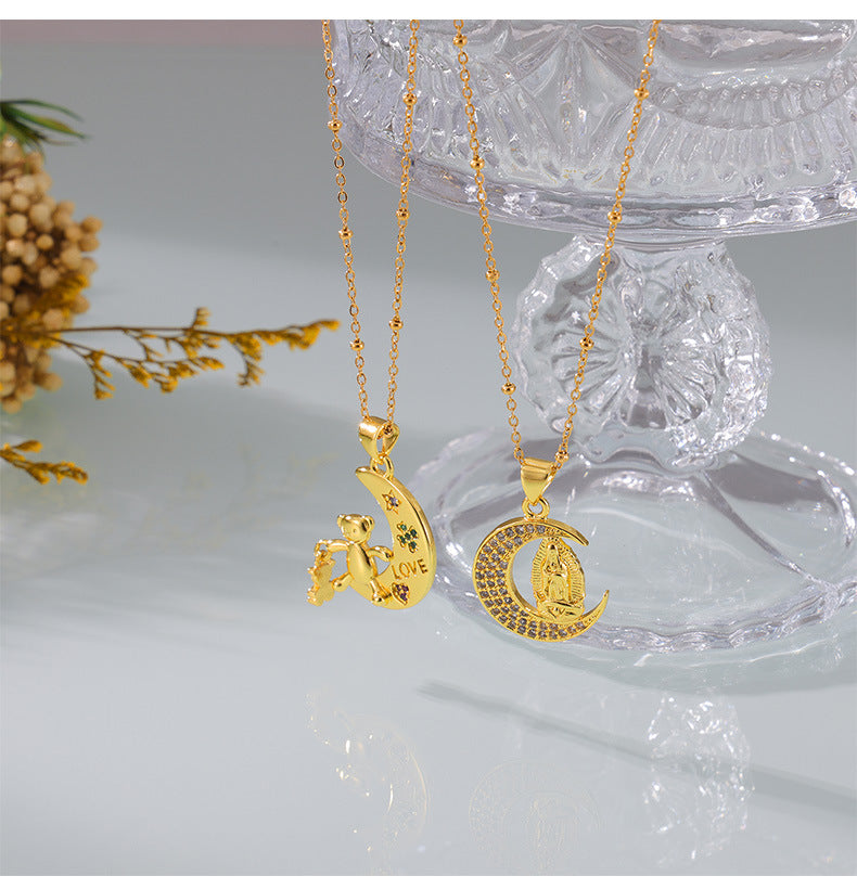 Moon Bear Pendant Gold-Plated Necklace with Zircon Bead Chain - Stylish European American Jewelry