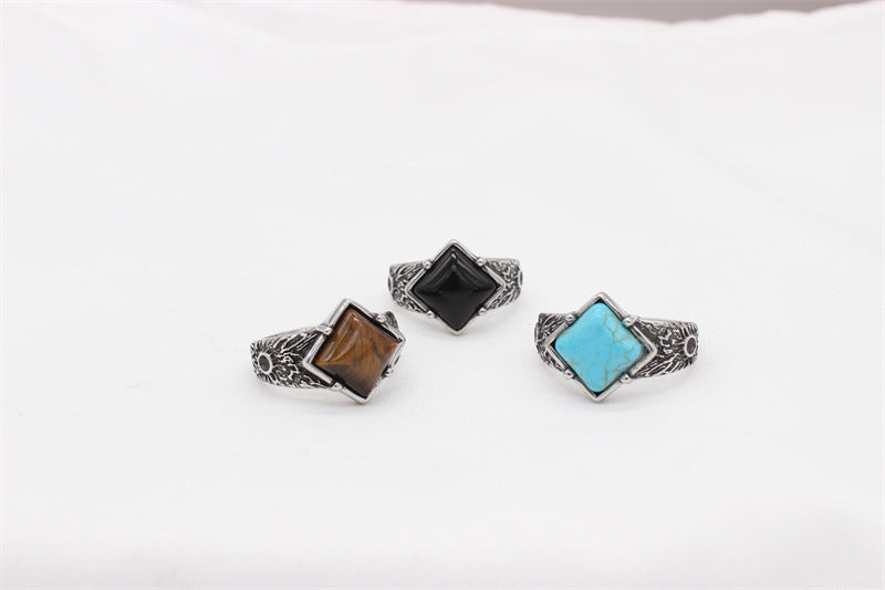 Planderful Stone Inlaid Stainless Steel Ring Unisex Retro