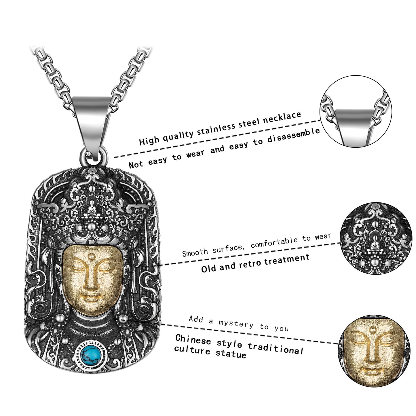 Steel Necklace - Vintage Guanyin Bodhisattva Pendant For Boyfriend Gift And Everyday Spiritual Accessory