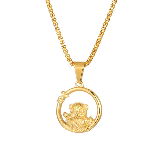 Creative Circle Hollow Red Panda Pendant in Titanium Steel for Men