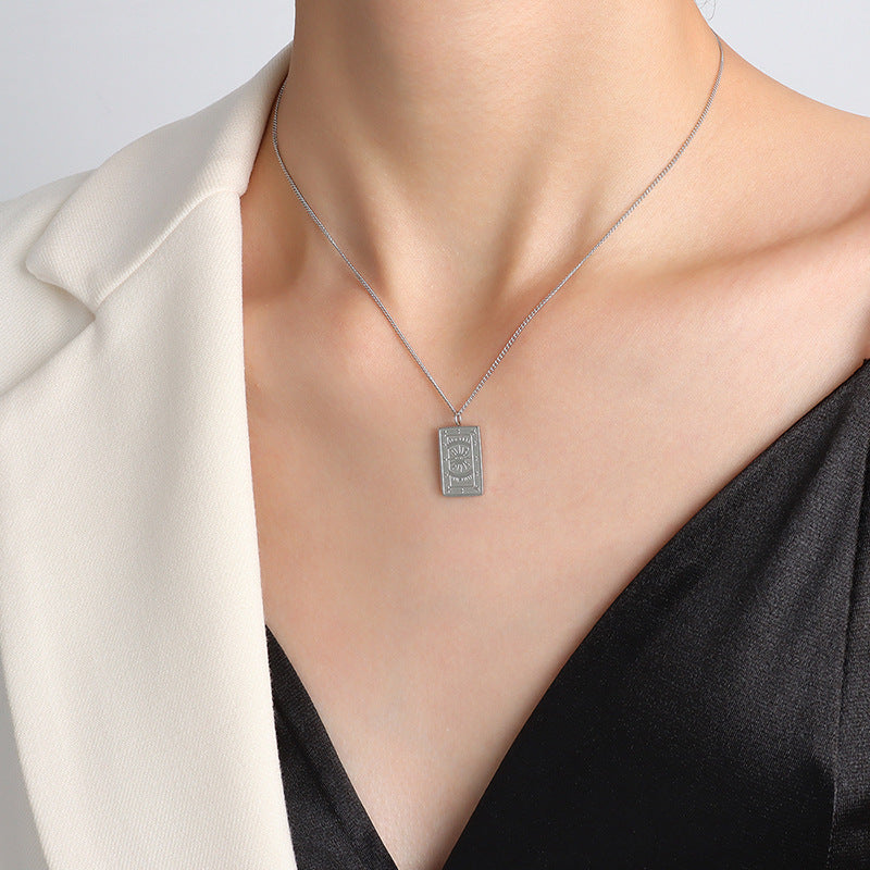 Golden Sunburst Square Pendant Necklace with Bone Chain - European & American Style