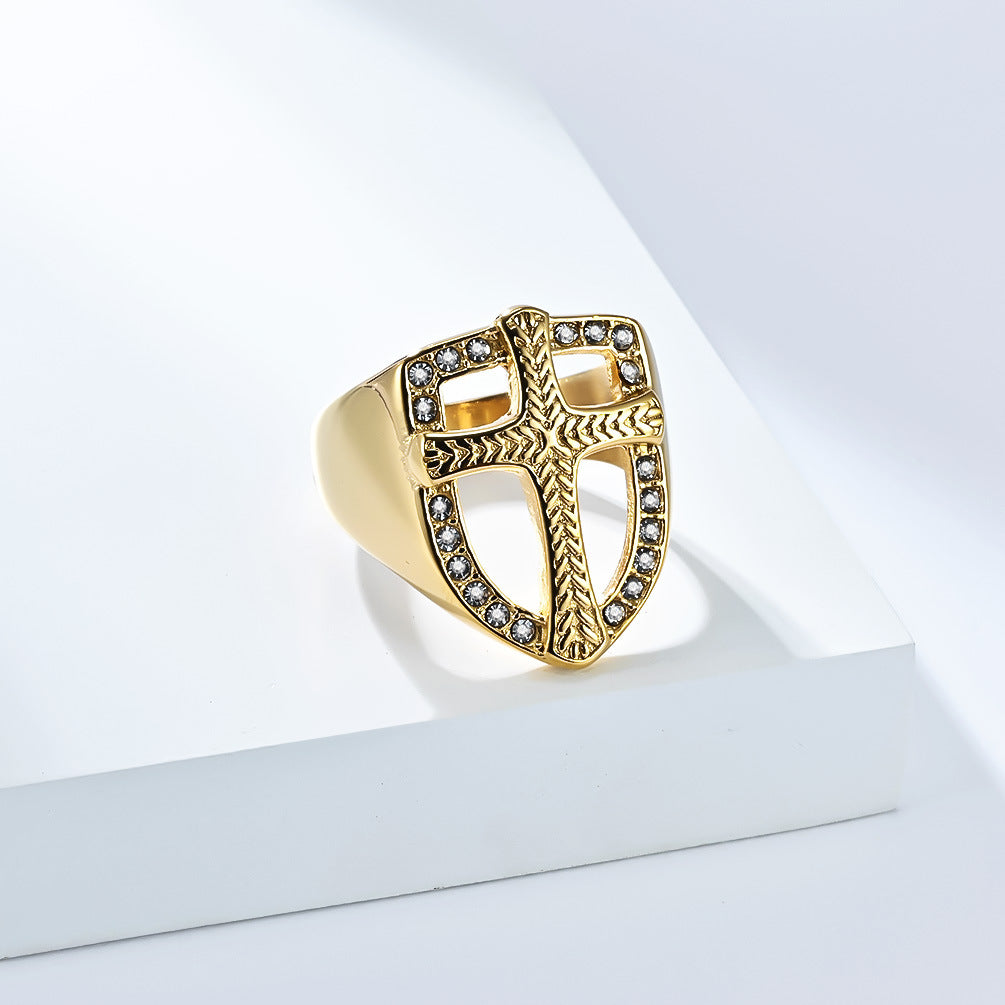 Planderful Shield Cross Ring For Men Zircon Set Retro Style Bold Fashion Everyday Genie Size Seven To Thirteen