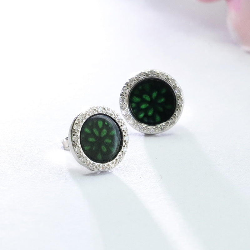 Dark Jadeite Peace Plaque 925 Silver Stud Earrings