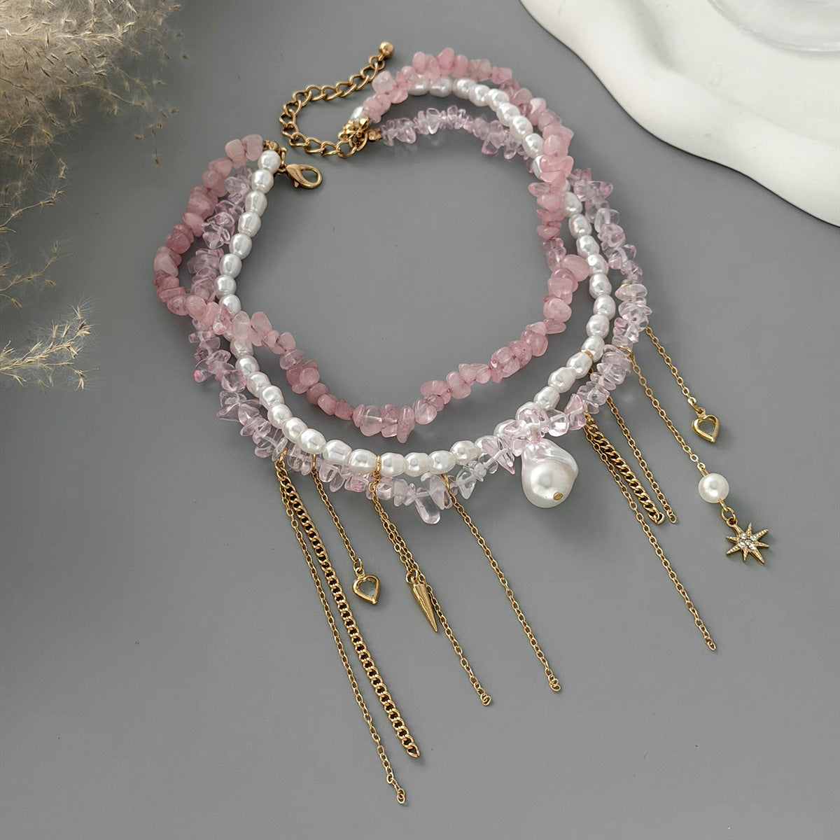 Pink Crystal-Style Pearl Heart Necklace