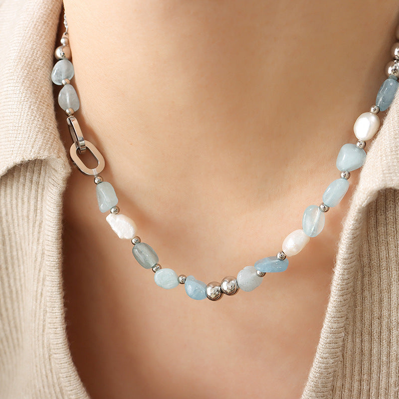 Freshwater Pearl and Blue Stone Bohemian Necklace with Personalized Charm