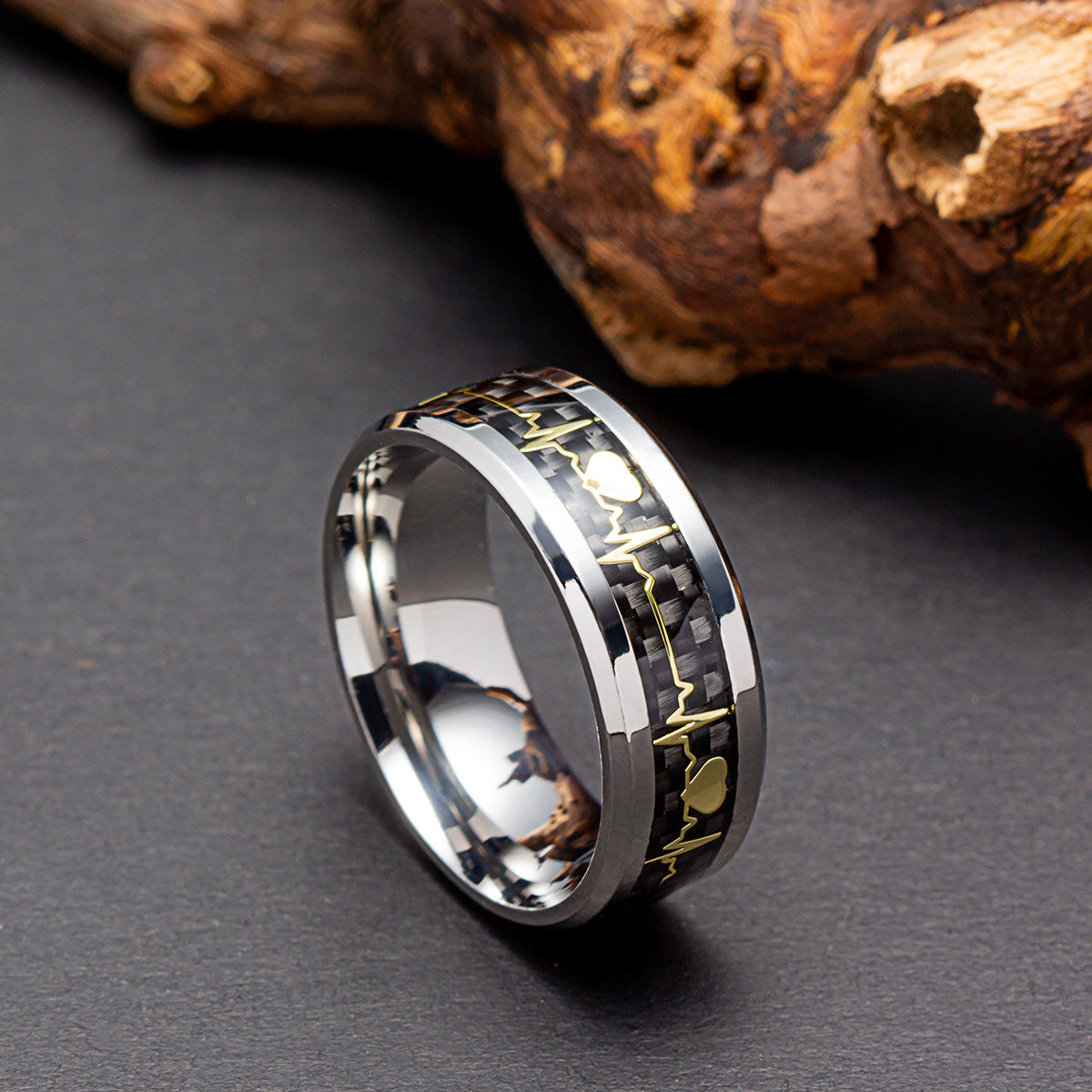 ECG Heartbeat 8mm Carbon Fiber Ring For Valentines Day Couples Unisex Titanium Steel By Planderful Everyday Genie