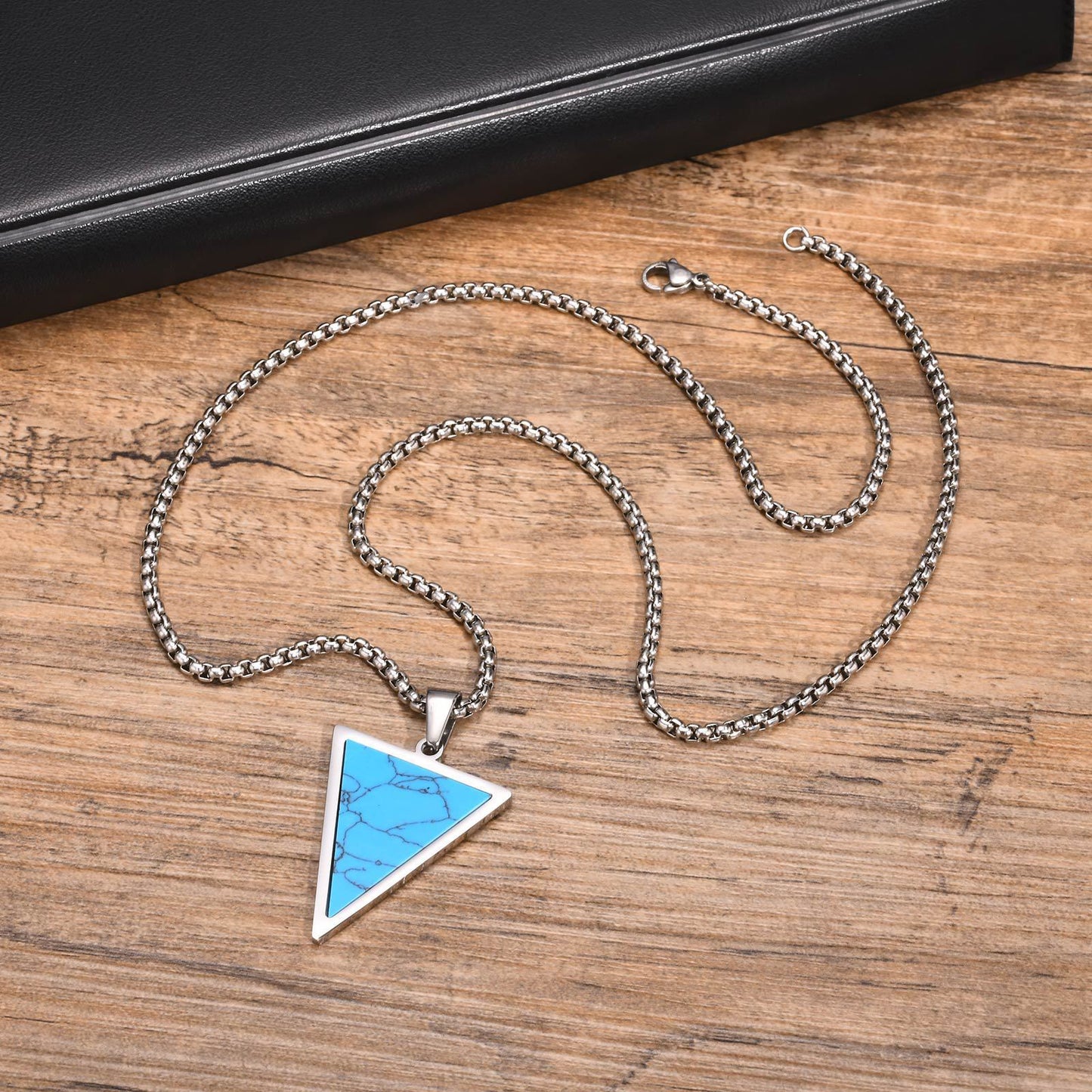 Stainless Steel Triangle Natural Tiger's Eye Stone Black Agate Pendant Necklace Men's