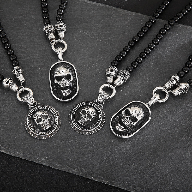 Titanium Steel Skull Necklace with Dark Zircon-Studded Ghost Head Agate Beads for Men