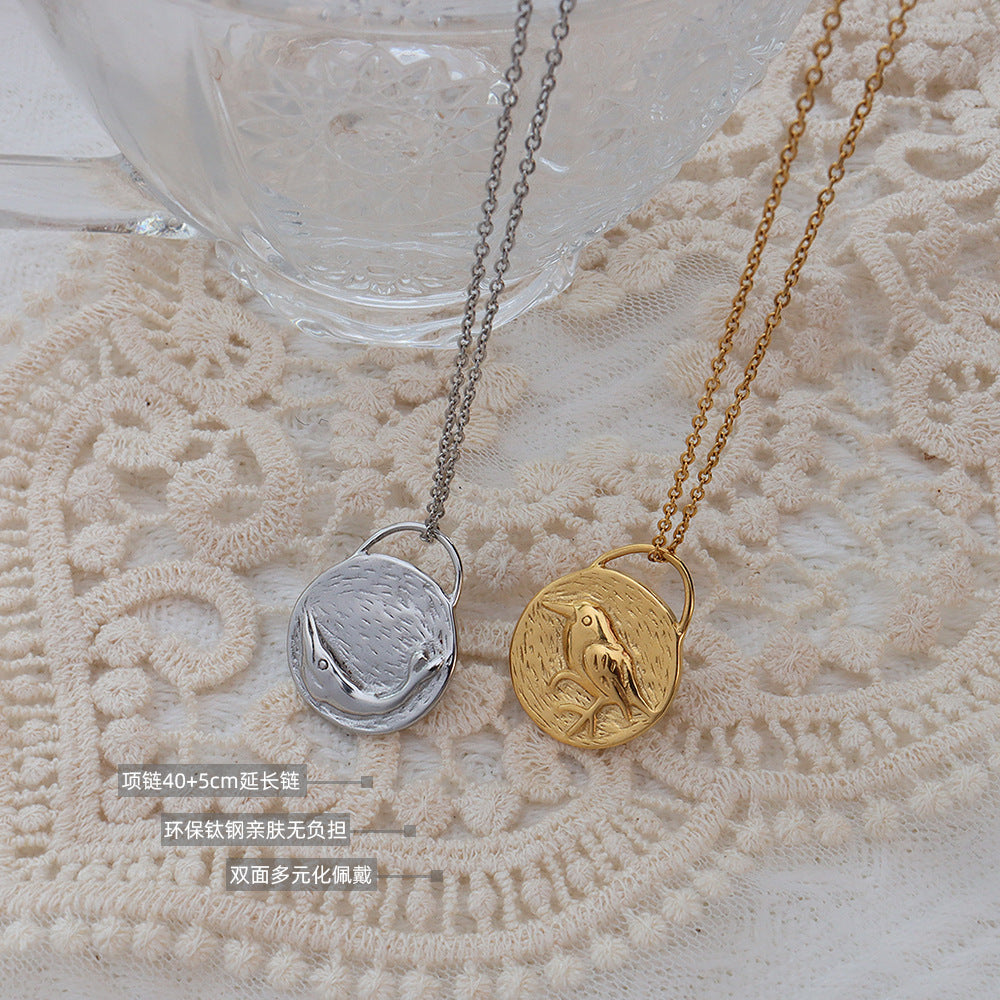 French Bird and Dolphin Reversible Pendant Titanium Steel Necklace